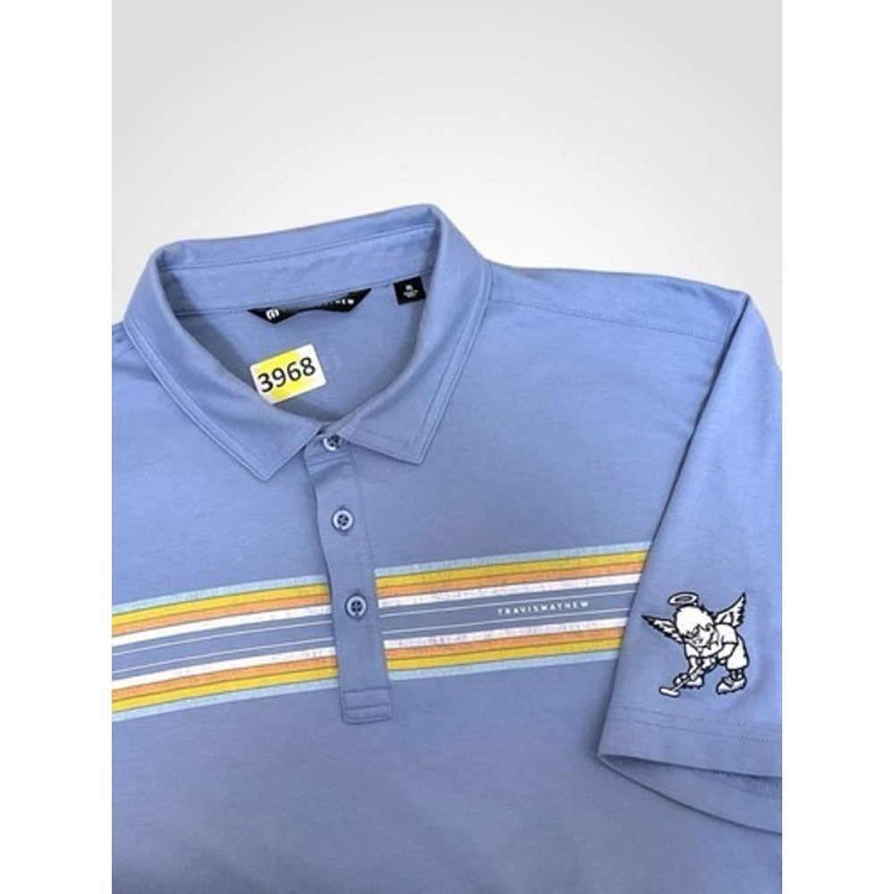 Travis Mathew Blue‎ Stripe Custom Logo Short Sleeve Golf Polo Shirt Men XL